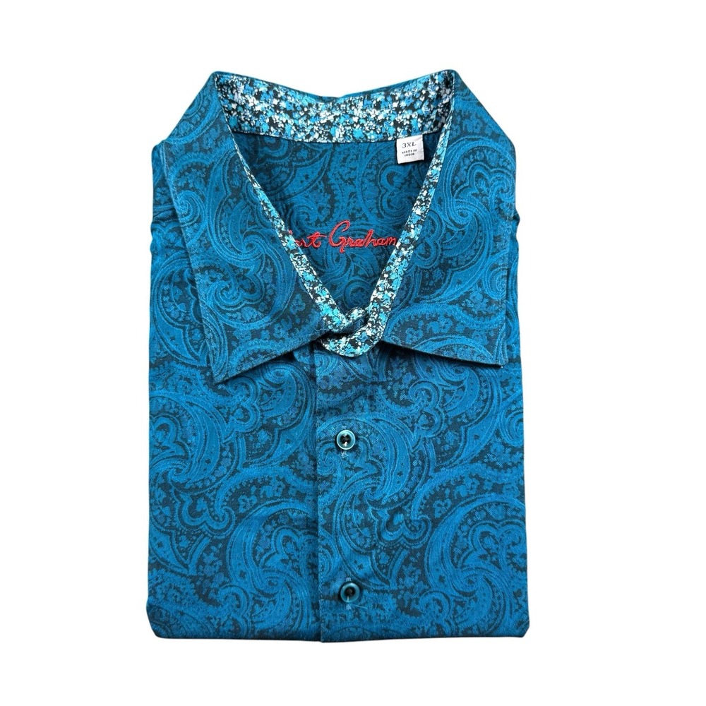 Robert Graham Blue Paisley AOP Cotton SS Mens Button Front Shirt 3XL XXXL